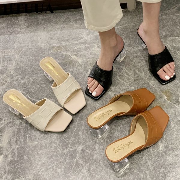 

htuua 2020 summer women slippers fashion stone pattern transparent heels sandals ladies outdoor slides dress shoes sx4057, Black