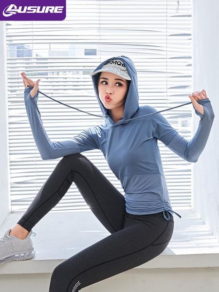 

lusure sports slim hooded long sleeve yoga wear quick-drying t-shirt running net red fitness clothes spring, White;red