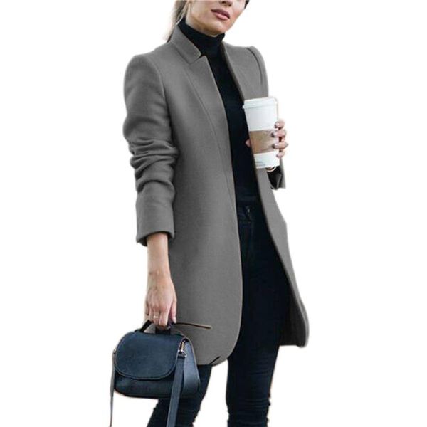 

slim fit women wool coat outdoor stand collar long ladies solid trench elegant outwear fashion winter warm office shopping, Black