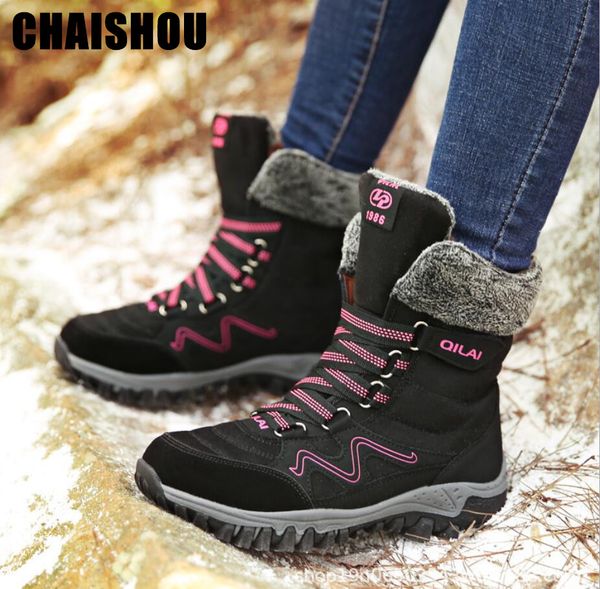 

d328 winter women boots woman lady genuine leather warm flat platform fur waterproof snow plush fashion high help casual boots, Black