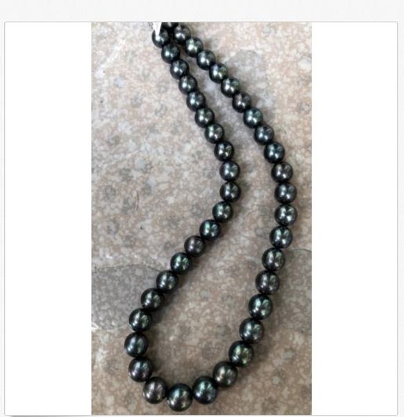 

stunning 10-12mm tahitian round black green pearl necklace 18inch 925s, Silver