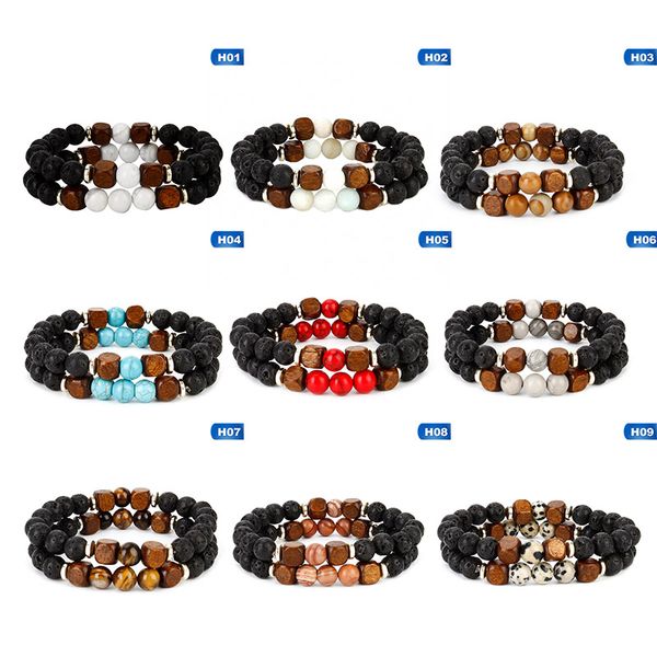

2lava volcanic stone bracelet wooden beads chakra couple bracelet valentine's day party gift, Golden;silver