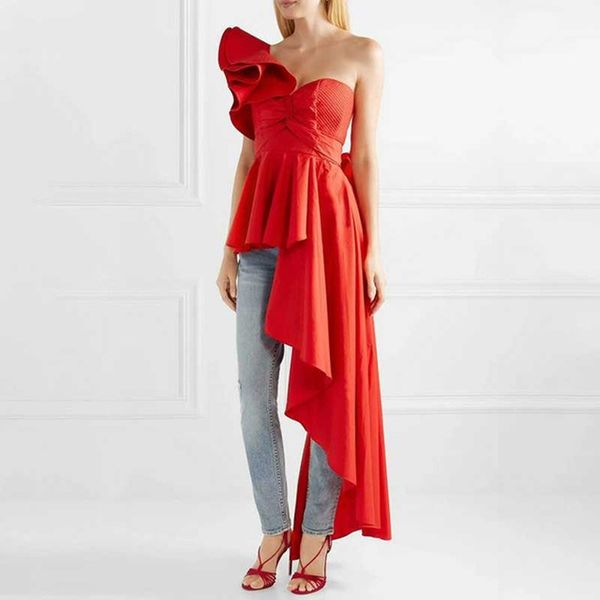 

deat runway designer womens and blouses 2020 one-shoulder ruffles irregular long chiffon blouse high streetwear mf496, White
