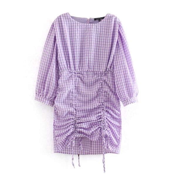 

2020 women's pleated plaid long sleeve slim dress bohemia o-neck women dresses midi clothes club vestidos, Black;gray