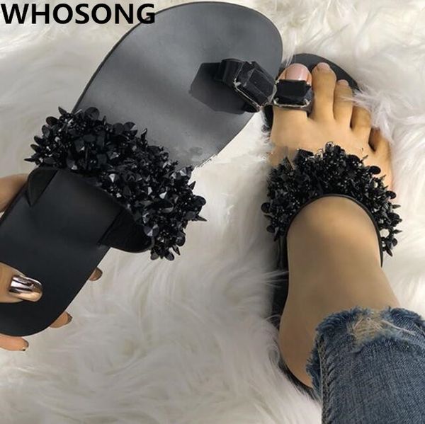 

factory direct 2019 new women's beach toe flip flop female flat summer new fashion rhinestones large size toe sandals /slippers, Black