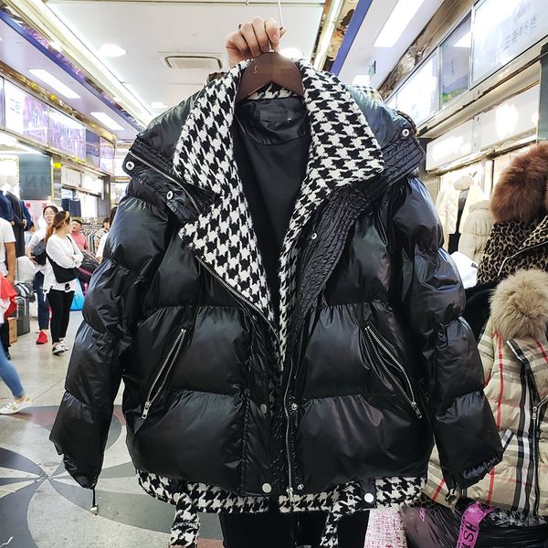 

2019 winter plaid woolen splicing double layer collar fake two pieces down cotton padded jacket female parka coat loose outwear, Black