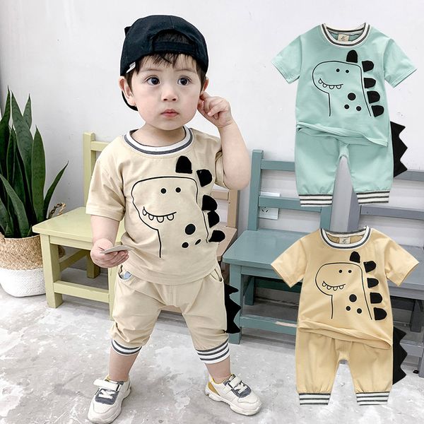 

summer boys cartoon dinosaur print pattern blouse t-shirt+shorts casual short sleeve outfits sets, White