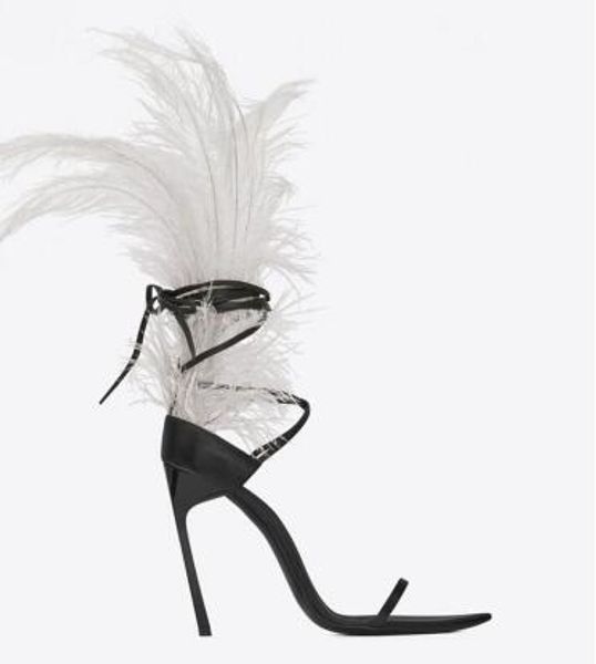 

women's leather sandals with cross strap open toe stiletto heel, personalized feather trim, size: 34-42, white, Black