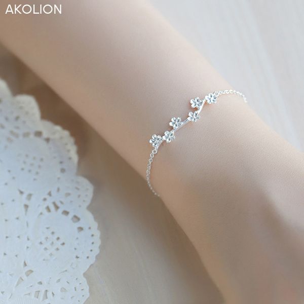 

akolion wholesale silver plum blossom branches bracelet 925 flower charm femme bracelets for women ashion jewelry, Black