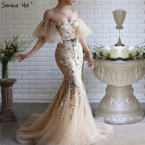 

champagne mermaid off shoulder evening dresses handmade flowers pearls sleeveless formal dress 2020 serene hill la70444, White;black