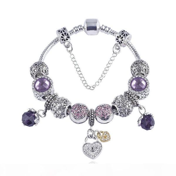 

new mixed style charm bracelet 925 silver bracelets for women vintga bracelet purple crystal beads diy fashion jewelry for christmas gift, Golden;silver