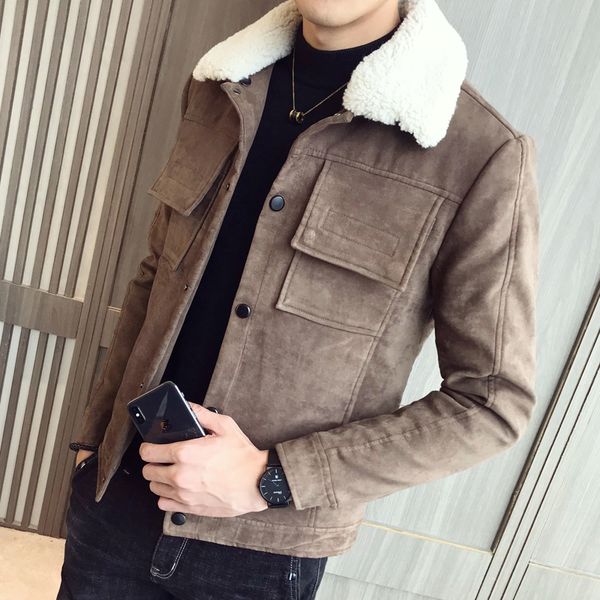 

2019 new winter warmth enthusiast cotton-lined suede leather jacket faux fur collar hood men's overcoats extra-thick coats, Black;brown