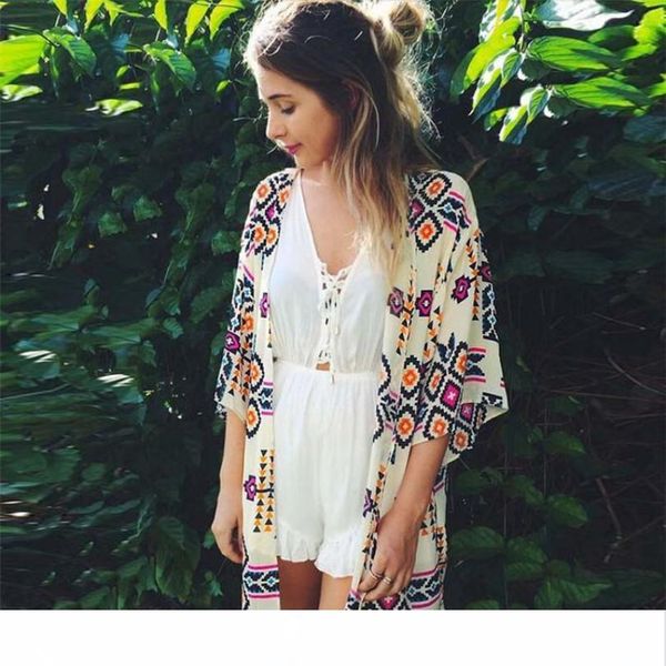 

wholesale- durable summer blusas jaqueta feminina women geometry printed chiffon shawl kimono cardigan blouse cover up plus size, Black;brown