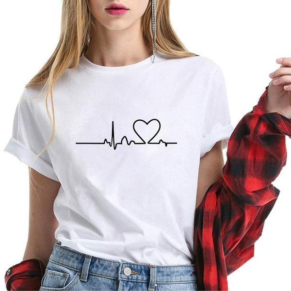 

women's blouses & shirts fashion heart beat shaped print dames korte mouw ronde hals gedrukt plus size, White