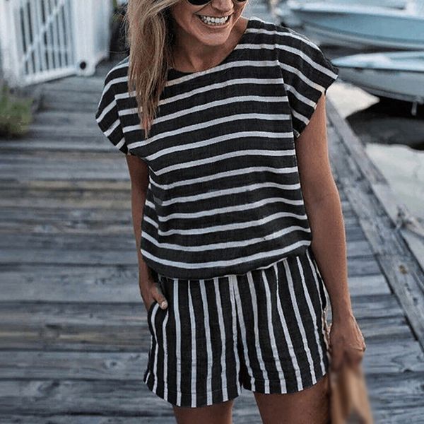 

womens striped mini playsuits summer beach shorts sundress jumpsuit rompers s-xl, Black;white