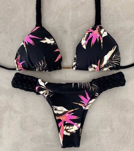 

9colors handmade braided printed bikinis bandage split swimsuit bikini set with pad female swimwear beach wear biquini wholesale, White;black