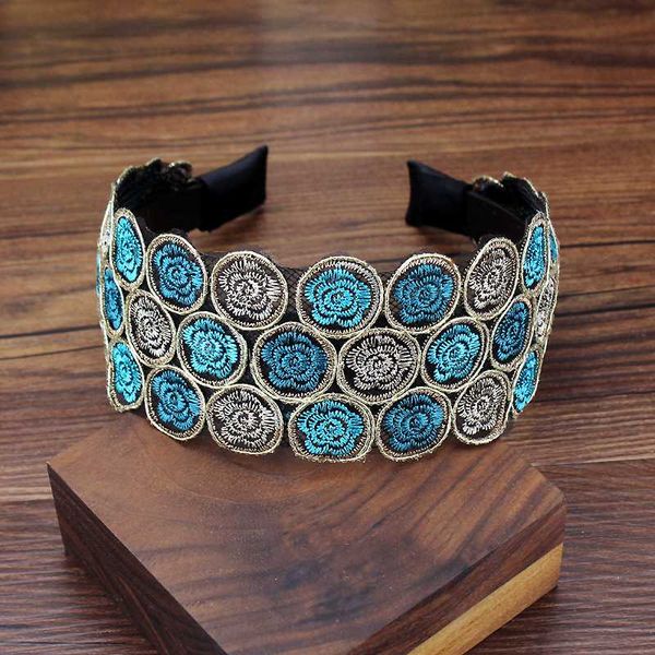 

handmade hair accessories wide hairband blue flower lace headband embroidered bridesmaid headdress for women wedding party, Golden;white