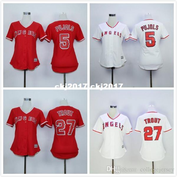 

womens 27 mike trout 56 kole calhoun 5 albert pujols blank jersey white red retro jersey, Blue;black