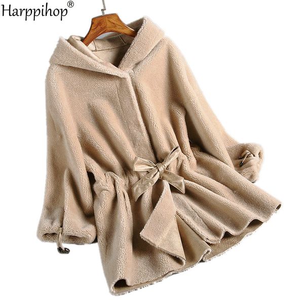 

sheep shearing coat female long leather with fur jacket with hooded grain cashmere fur coat real plus size winter, Black