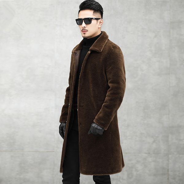 

real fur coat winter jacket men sheep shearling 100% real wool coat men clothes 2019 warm long coats plus size erkek mont 193201, Black