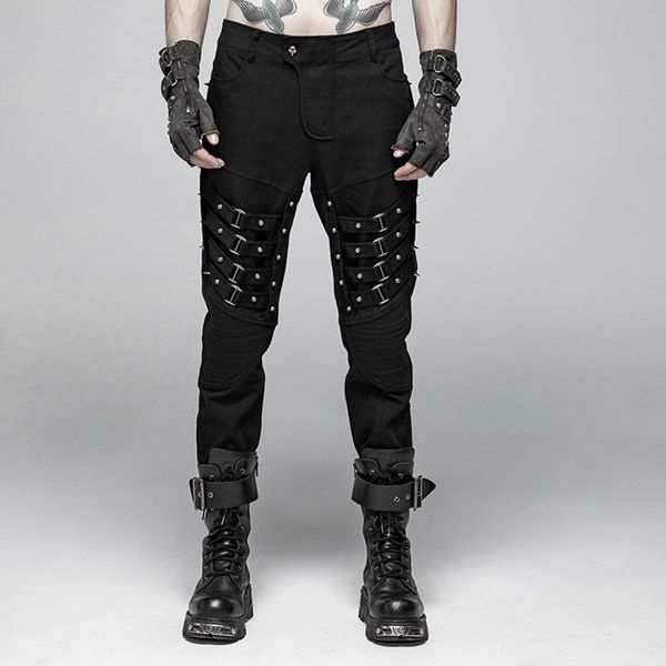 

punkrave men's heavy metal punk trousers street style twill woven metal rivet handsome casual pencil pants, Black