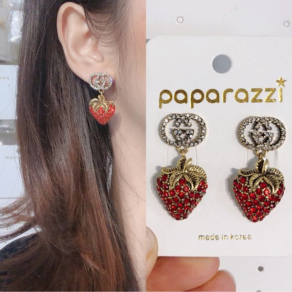 

retro full diamond strawberry bronze tassel after hanging earrings long temperament net red silver needle tide round face earrings