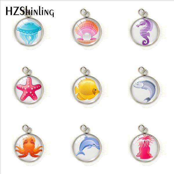 

new arrival sea fish marine life shell squid pendants fashion ocean conch starfish jewelry stainless steel round charms, Bronze;silver