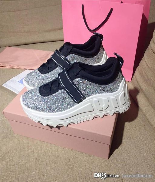 

women glitter chunky bottoms sneakers,classic trainers with silver tone lace up oversized sneaker,complete set of shoe box, Black