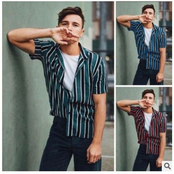 

desinger printed casual shirt new european sstyle striped short sleeve loose lapel neck shirt mens summer, White;black