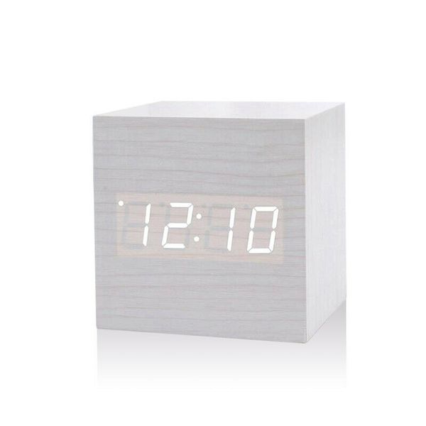

wood cube led alarm voice&touch control desk bedside clock temperature display