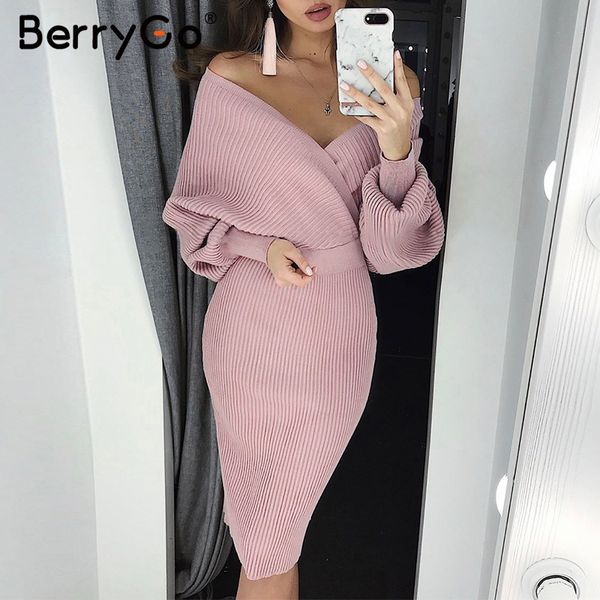 

berrygo sexy v-образным вырезом трикотажные платья женщин двухсекционный batwing рукав женский свитер платье элегантные чистые дамы bodycon, Black;pink