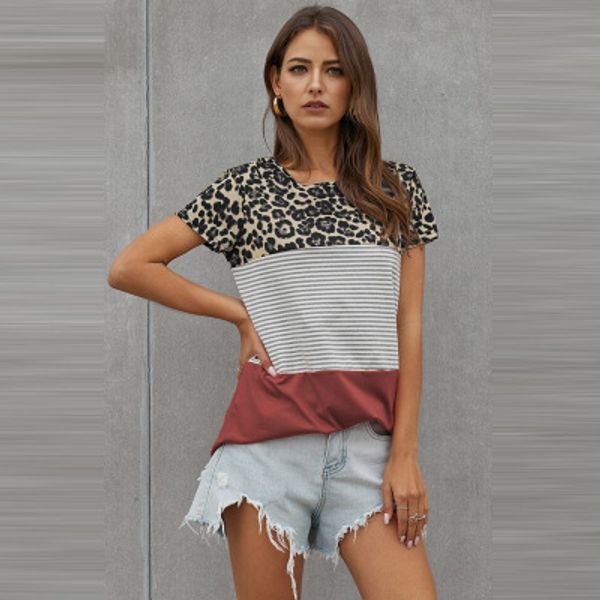 

women leopard stripe short t-shirt girls hit color round neck short sleeve plus size women brand splice t-shirts 2020 summer hot, White