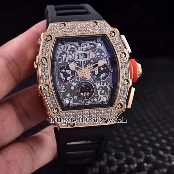 

new 11-03 розового золота алмазный диск big date flyback chrono skeleton циферблат автоматическая мужские часы каучуковый ремешок мужские лу, Slivery;brown