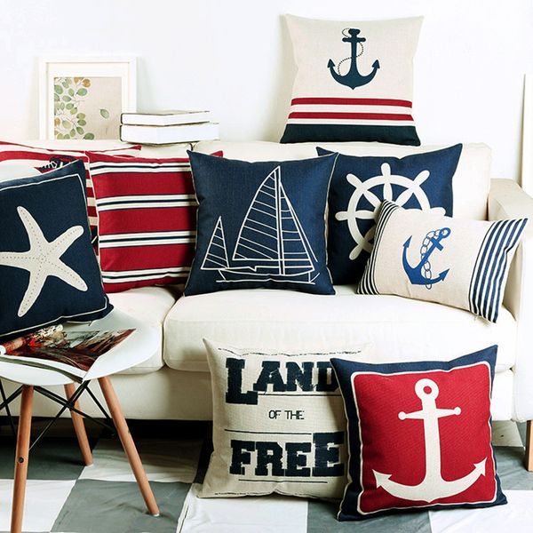 

navigation navy blue nautical shell starfish linen pillow marine cushion cover sofa piaochuang pad home decoration pillowcase pillow case