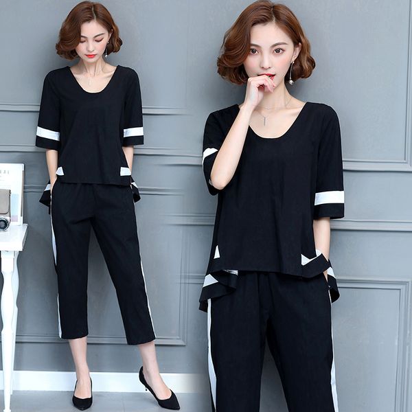 

плюс размер костюм женщины 2 шт комплект короткий топ и брюки 2018 летний темперамент женский большой размер комплекты одежды белый и черный, White