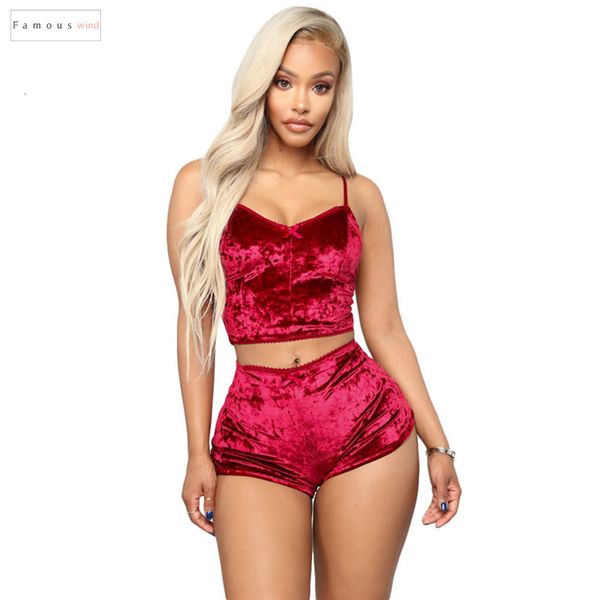 

кружева sexy bodycon два piece set женщин velvet бретельки луки атласных упругие v шея crop tops короткие штаны костюм, Gray