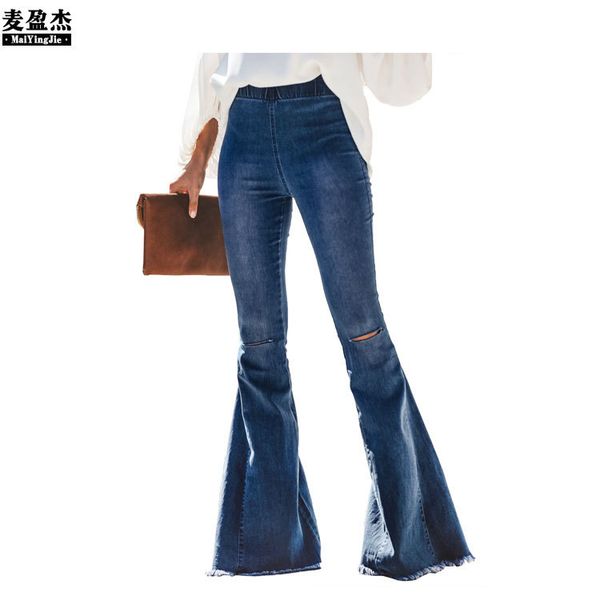 

2020 women hole flare jeans pants slim vintage wide leg flared jeans office lady burr fringed jeans, Blue