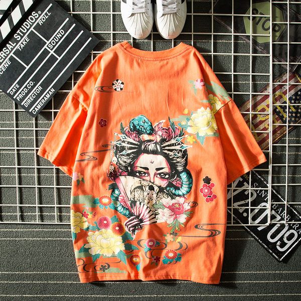 

europe and the united states tide brand harajuku tide ins japanese opera character printing loose short-sleeved t-shirt men short, White;black