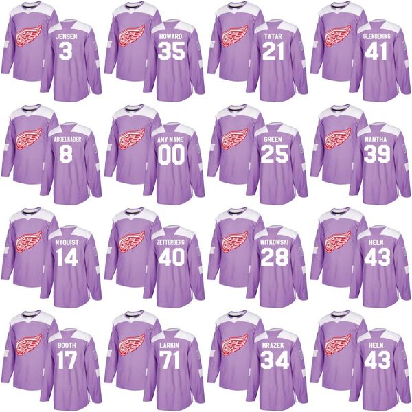 

detroit red wings hockey fights cancer practice purple gustav nyquist henrik mantha andreas athanasiou xavier ouellet darren helm jersey, Black;red