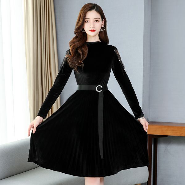 

autumn winter elegant velvet women dress fashion casual festa party female dress korea slim pleated dresses vestido, Black;gray