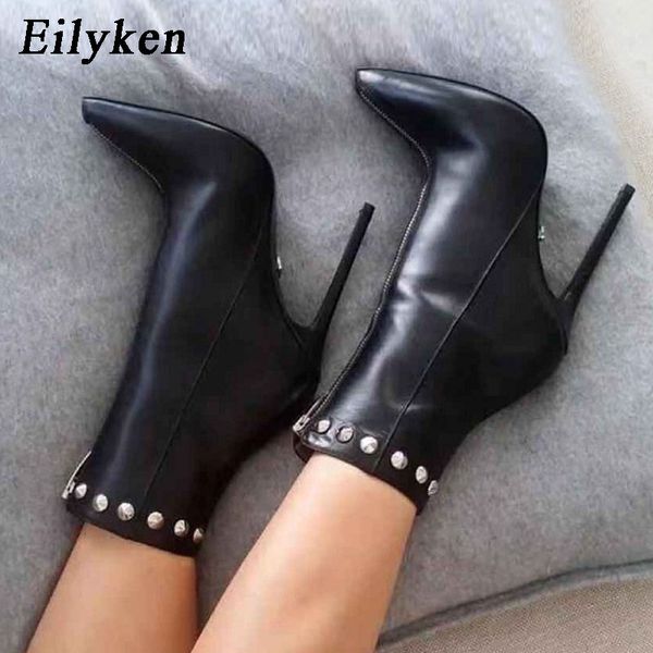 

eilyken autumn winter new design metal rivet ankle boots woman zip thin high heels fashion pu leather pointed toe bootie, Black