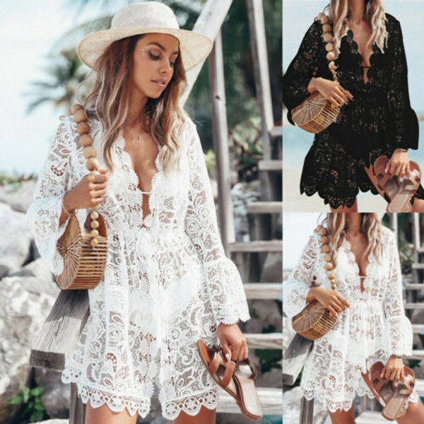 

women lace crochet bikini cover up swimwear beach bathing suit summer floral hollow out knitted dress biquinis vestidos