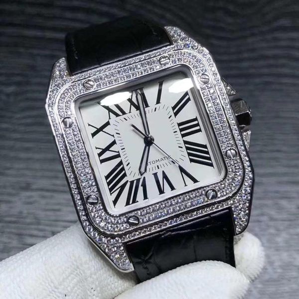 

Luxury New Style Automatic Movement Square 100 Watch Men Full Diamond White Dial Real Leather Band Male Watch Montre Homme