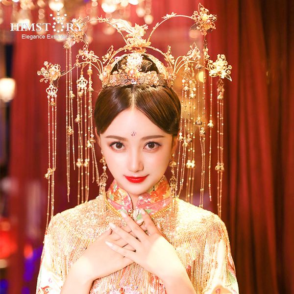 

himstory chinese traditional bridal headdress gold butterfly long tassels costume stage wedding jewelry hair accessories, Golden;white