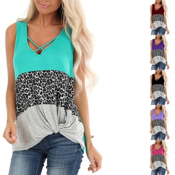 

women's 2020 summer leopard pattern splicing kink sleeveless women's 2020 summer leopard t-shirt vest pattern splicing kink sleeve, White