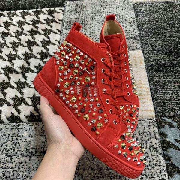 

new style high red bottom shoes red suede leather with spikes studs men women flat sneaker men loubbis shoes with box dust bag, Black