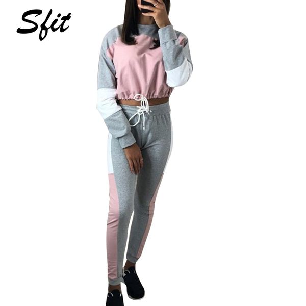 

sift 2019 women lace-up sports suit stitching contrast color fashion slim casual suit two pieces sport set tracksuit sweatshirt, White;red