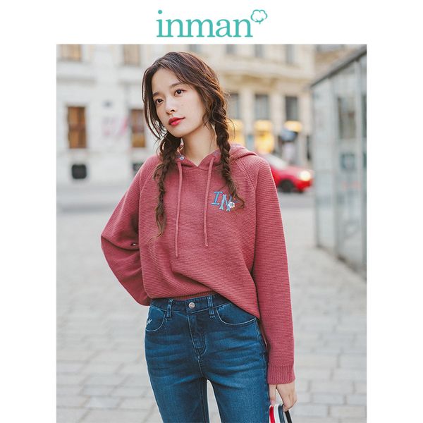 

inman 2019 autumn new arrival literary embroidery hooded long sleeve solid all matched women pullover, White;black