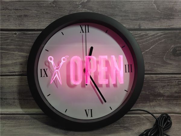 

0k753 open scissor barber shop hair app rgb led neon light signs wall clock