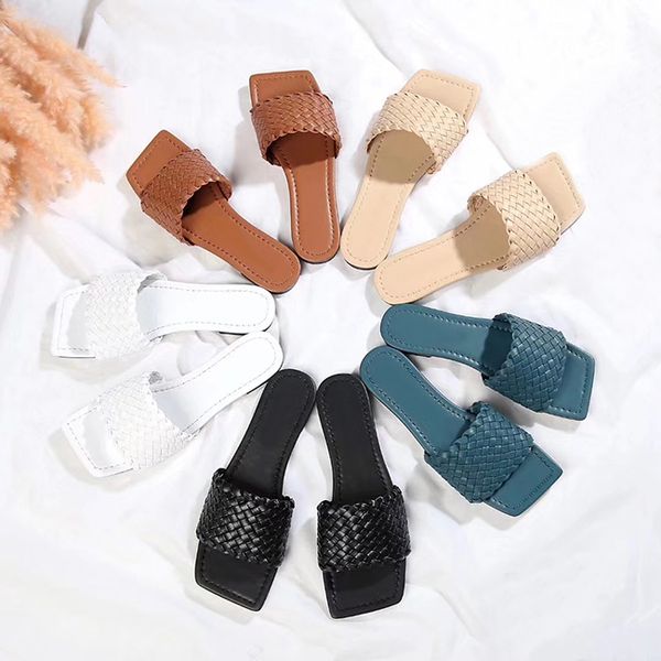 

fashionable and high-quality new leather knitting slippers women slippers open toe slides beach shoes runway flat shoes women black nude lad